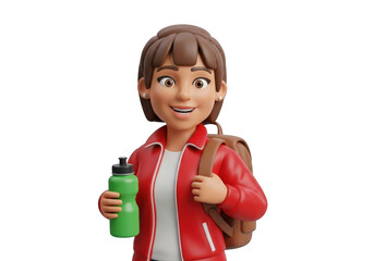 Animated Woman with Water Bottle and Backpack on Transparent Background, Perfect for Educational, Fitness, and Lifestyle Projects and Presentations