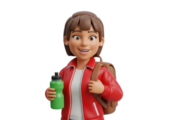 Animated Woman with Water Bottle and Backpack on Transparent Background, Perfect for Educational, Fitness, and Lifestyle Projects and Presentations
