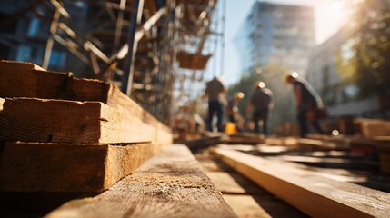 wooden construction building materials timber planks on construction site in sunlight during sunset