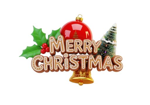 Festive Season's Greetings with Gingerbread Typography, Ornament, Bell, and Evergreen Branch on Transparent Backdrop for Holiday Projects and Designs