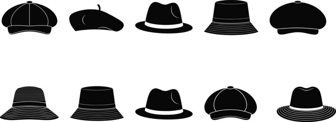 Vector Set of Black Hat Silhouettes Including Fedora, Beret, Bucket, Newsboy Caps – Fashion Headwear Icons for Design Use