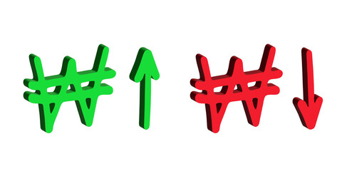 3d won currency symbol Growth and fall profit with arrow up and down Element for design