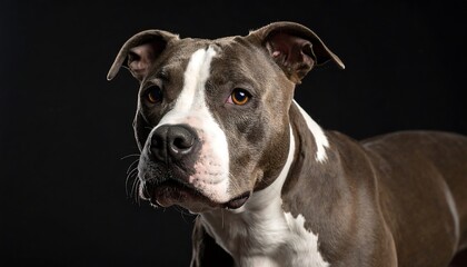 Close-up portrait of a gray and white pit bull terrier, showcasing a thoughtful expression against a dramatic black backdrop.