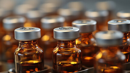 Filling line of a pharmaceutical production unit, small brown glass vials are filled with liquid in a sterile environment. Healthcare industry background, wallpaper