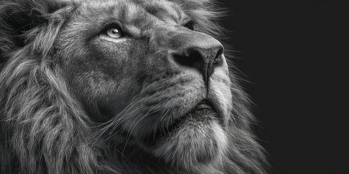 Majestic lion gazing thoughtfully in monochrome portrait against dark backdrop - Powered by Adobe