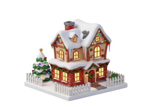 A Festive 3D House with Snow and Lights on Transparent Background, Perfect for Holiday Themes and Winter Scenes, Featuring a Cozy and Inviting Design
