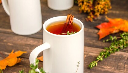 A warm, autumnal beverage is served in a white mug, adorned with sprigs of thyme and a cinnamon stick.