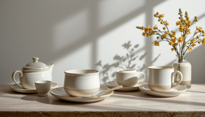 Fototapeta premium Serene tea set arranged wooden table, featuring soft shadows and minimalist aesthetic. ceramic cups and teapot are complemented by delicate flowers vase, creating warm and inviting atmosphere