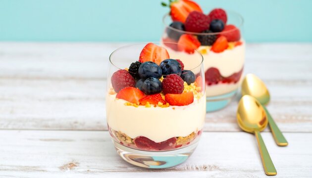Two glass dessert dishes filled with layered creamy dessert and topped with a colorful mix of fresh berries and granola.
