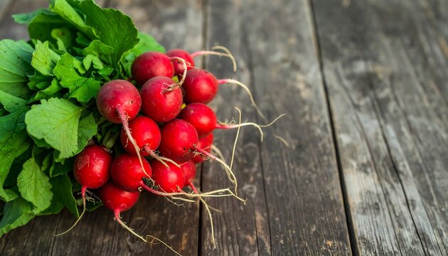 Fresh, vibrant radishes with lush green leaves, arranged attractively on a rustic wooden surface.