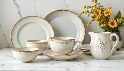 Fototapeta premium Elegant ceramic tableware features delicate floral design, perfect for dining occasions. set includes cups, plates, and pitcher, enhancing any table setting with charm and sophistication