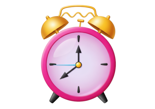 A Charming 3D Render of a Pink and Gold Alarm Clock with a Transparent Background, Perfect for Time Management Apps and Educational Materials on Punctuality