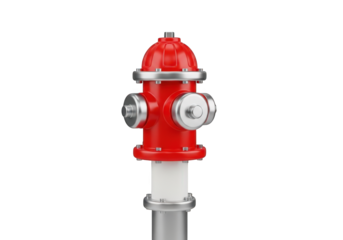 A Detailed 3D Rendering of a Classic Red Fire Hydrant with Silver Accents, Standing Tall on a White Base, Ideal for Urban Safety and Emergency Service Illustrations