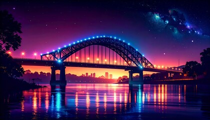 Obraz premium Vibrant Night Bridge over Cityscape with Neon Lights.