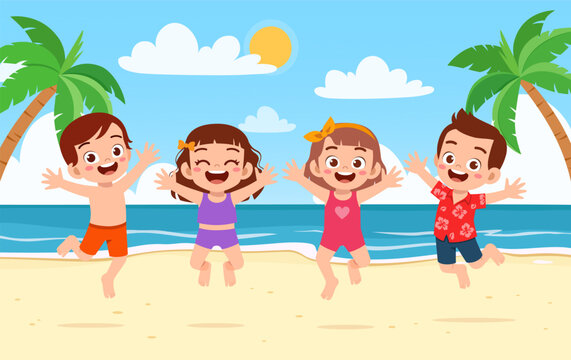 Group of diverse happy kids jumping on beach enjoying summer vacation with arms raised having fun - Powered by Adobe