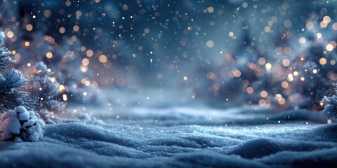 Winter wonderland with falling snow and glowing lights creating a magical atmosphere in a forest setting at dusk