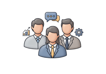 Professional Teamwork Graphic A Group of Three Business People Represented as Stylized Icons with Speech Bubbles and a Gear Symbol on a Transparent Background