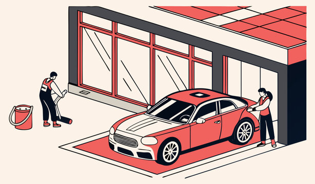 Car wash service. Carwash interior inside. Worker in uniform washing automobile with foam by high pressure water. Professional detailing washer in auto spa. Cleaning garage station vector illustration