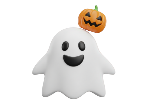 Playful Ghost with Pumpkin Hat on Transparent Background A Fun and Whimsical Illustration for Autumn-Themed Projects and Designs with a Cute and Friendly Character