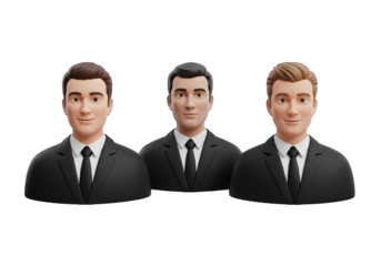Group of Three Animated Businessmen in Suits Against a Transparent Background, Perfect for Corporate Presentations and Professional Visuals with a Modern Touch