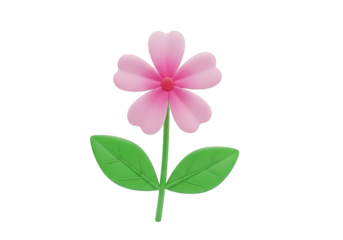 A Captivating 3D Render of a Pink Flower with Five Petals, Green Stem, and Leaves, Set Against a Transparent Background, Ideal for Nature-Themed Designs and Illustrations