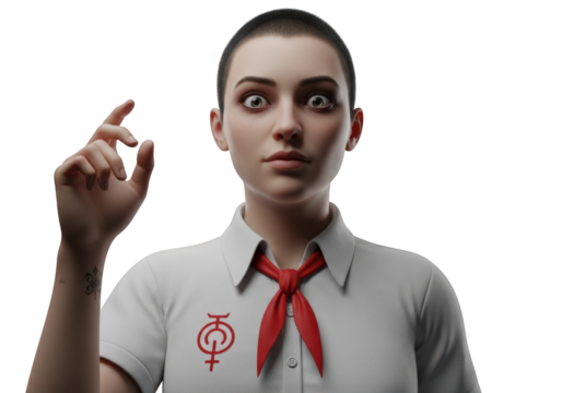 Striking 3D Render of a Woman with a Short Haircut and Intense Gaze, Set Against a Transparent Backdrop, Perfect for Conceptual Art and Character Design Projects