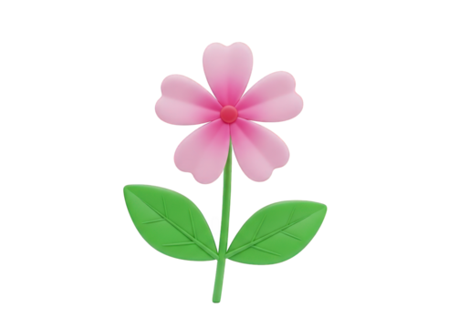 A Captivating 3D Render of a Pink Flower with Five Petals, Green Stem, and Leaves, Set Against a Transparent Background, Ideal for Nature-Themed Designs and Illustrations