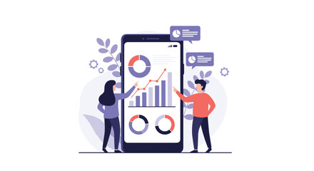 Mobile application displays financial growth charts and analysis with people reviewing performance