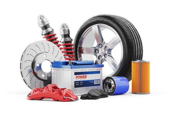 Car parts: wheel, tire, shock absorbers, filters, car battery, brake disc, shoe and pads. Service industry and automotive vehicle repair concept