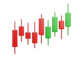 A Dynamic 3D Rendering of a Candlestick Chart with Red and Green Candles, Perfect for Financial Illustrations, Stock Market Analysis, and Investment Concepts