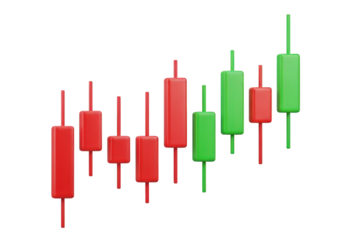 A Dynamic 3D Rendering of a Candlestick Chart with Red and Green Candles, Perfect for Financial Illustrations, Stock Market Analysis, and Investment Concepts