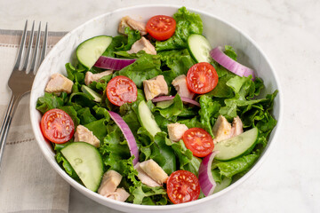 chicken salad with lettuce, tomatoes and  cucumbers