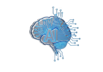 AI Brain with Circuit Board and Glowing Letters on Transparent Background, a Symbol of Artificial Intelligence, Machine Learning, and Advanced Technology