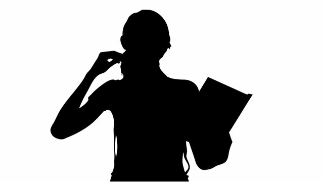 Silhouette of a woman adjusting her hair while holding a document or book against white background - Powered by Adobe