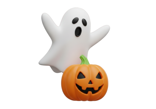 A Cartoon Ghost and Jack-o'-Lantern Duo for Halloween Decor, Featuring a Playful Spirit and Smiling Pumpkin on a Transparent Background, Perfect for Festive Designs
