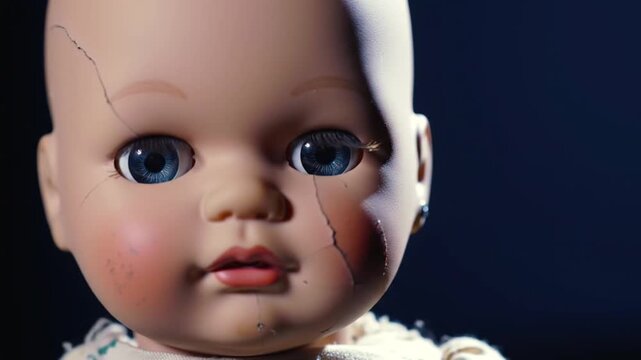 Close-up boneka bayi retak yang menyeramkan dengan mata biru lebar, cocok untuk konsep seram.