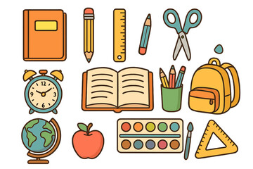 School Supplies and Educational Tools Collection for Students, Learning Essentials, Stationery Items, Study Materials, Back to School Vector Cartoon Illustration on Transparent Background