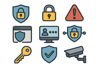 Digital security icons representing various aspects of data protection, online privacy, cybersecurity, authentication, and surveillance in modern technology vector illustration