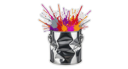 Colorful Paint Splash in Silver Metal Bucket on Transparent Background