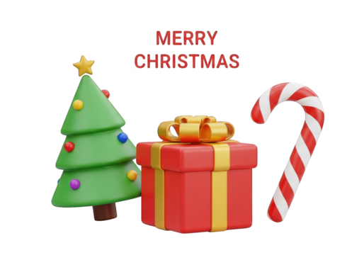 Festive 3D Scene Featuring a Decorated Tree, a Wrapped Gift with a Ribbon, and a Candy Cane, Perfect for Holiday-Themed Designs and Seasonal Greetings