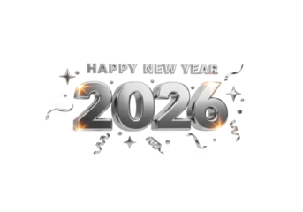 Radiant Silver 2026 New Year Design on Transparent Backdrop A Sparkling Graphic for Festive Greetings and Modern Celebrations with Confetti and Star Accents