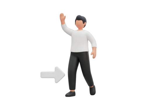 3D Render of a Cheerful Man Waving with an Arrow Pointing Left A Positive and Engaging Image for Directional Guidance and Interactive Concepts