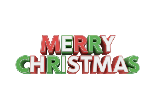 Festive 3D Typography Displaying the Phrase 'Merry' in Red and 'Christmas' in Green, Set Against a Transparent Background for Holiday-Themed Designs and Greetings