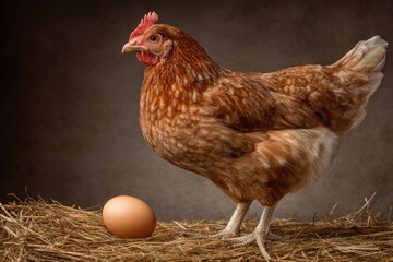 Brown hen poses elegantly on straw with a single egg beside it under soft, warm lighting, showcasing its intricate feather details