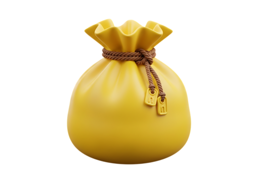 Bright yellow money bag illustration with tied brown rope and tags on a clean black background for digital financial concepts and designs