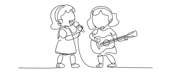 Continuous one line drawing Two little girls singing a song with a microphone and a guitar. Hangouts With Friends concept. Single line draw design. Vector black silhouette. with white background