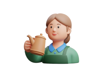 3D Render of a Cartoon Gardener Holding a Watering Can on Transparent Background, Ideal for Gardening Blogs and Agricultural Themed Visuals