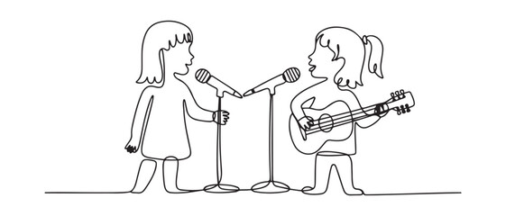Continuous one line drawing Two little girls singing a song with a microphone and a guitar. Hangouts With Friends concept. Single line draw design. Vector black silhouette. with white background