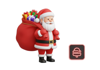 A Jolly 3D Santa Claus Illustration with a Sack Full of Gifts and a Santa Hat Icon on a Transparent Background, Perfect for Holiday-Themed Designs and Projects