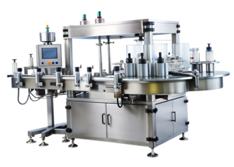 Automatic bottle labeling machine with a rotary carousel for a pharmaceutical production line on white Background ,PNG. AI.Generated.